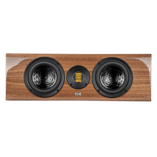 Der Elac Vela CC 401.2 Centerlautsprecher in Nussbaum Hochglanz verfügt über zwei schwarze runde Tieftöner, einen gelben rechteckigen JET 6-Hochtöner und das ELAC-Logo unterhalb des Hochtöners - ideal für Surround-Sound-Ensembles.