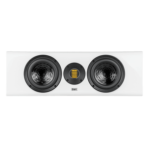 Der Elac Vela CC 401.2 Centerlautsprecher in Weiß Hochglanz verfügt über zwei runde schwarze Tieftöner und einen zentralen JET 6-Hochtöner für immersiven Surround-Sound, dargestellt von vorne.