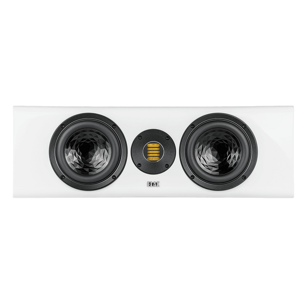 Der Elac Vela CC 401.2 Centerlautsprecher in Weiß Hochglanz verfügt über zwei runde schwarze Tieftöner und einen zentralen JET 6-Hochtöner für immersiven Surround-Sound, dargestellt von vorne.
