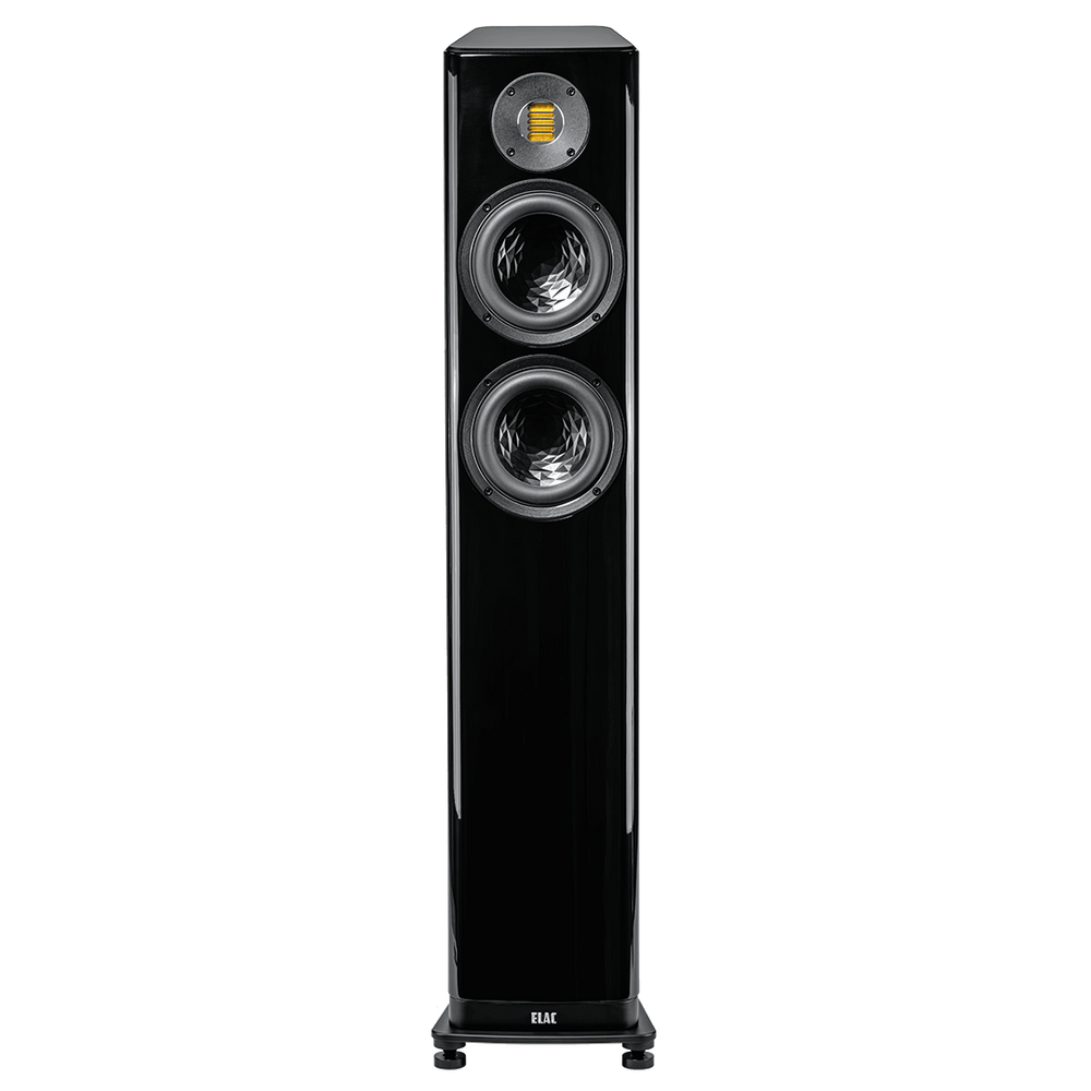 Der Elac Vela FS 407.2 Standlautsprecher Stück in Schwarz Hochglanz verfügt über fortschrittliche Klangtechnologie, einen quadratischen JET 6-Hochtöner über zwei Tieftönern und steht auf kurzen Beinen mit dem ELAC-Logo am Fuß.