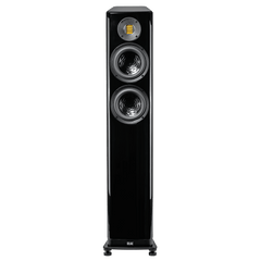 Der Elac Vela FS 407.2 Standlautsprecher Stück in Schwarz Hochglanz verfügt über fortschrittliche Klangtechnologie, einen quadratischen JET 6-Hochtöner über zwei Tieftönern und steht auf kurzen Beinen mit dem ELAC-Logo am Fuß.