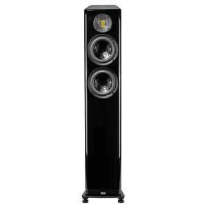 Der Elac Vela FS 407.2 Standlautsprecher Stück in Schwarz Hochglanz verfügt über fortschrittliche Klangtechnologie, einen quadratischen JET 6-Hochtöner über zwei Tieftönern und steht auf kurzen Beinen mit dem ELAC-Logo am Fuß.