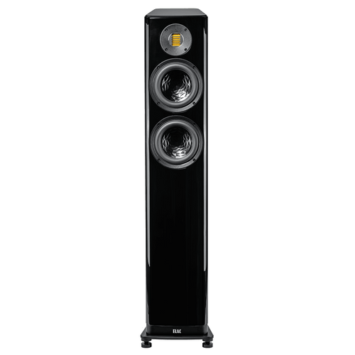 Der Elac Vela FS 407.2 Standlautsprecher Stück in Schwarz Hochglanz verfügt über fortschrittliche Klangtechnologie, einen quadratischen JET 6-Hochtöner über zwei Tieftönern und steht auf kurzen Beinen mit dem ELAC-Logo am Fuß.