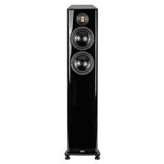 Ein hohes Elac Vela FS 408.2 Standlautsprecher Stück in Schwarz Hochglanz mit einem JET 6-Hochtöner über zwei großen Tieftönern auf der Front, stehend auf einem kompakten Sockel.