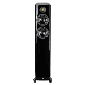 Ein hohes Elac Vela FS 408.2 Standlautsprecher Stück in Schwarz Hochglanz mit einem JET 6-Hochtöner über zwei großen Tieftönern auf der Front, stehend auf einem kompakten Sockel.