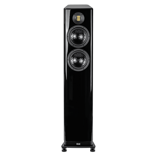 Ein hohes Elac Vela FS 408.2 Standlautsprecher Stück in Schwarz Hochglanz mit einem JET 6-Hochtöner über zwei großen Tieftönern auf der Front, stehend auf einem kompakten Sockel.
