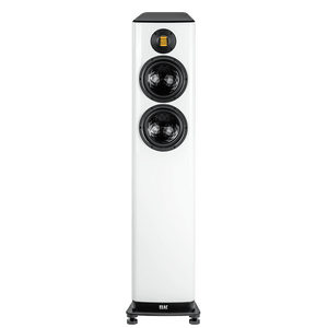 Der Elac Vela FS 408.2 Standlautsprecher Stück in Weiß Hochglanz hat ein rechteckiges Design mit zwei großen schwarzen Lautsprechermembranen und einem kompakten gelben JET 6-Hochtöner in der Nähe der Oberseite, alles auf einem schlanken schwarzen Sockel.