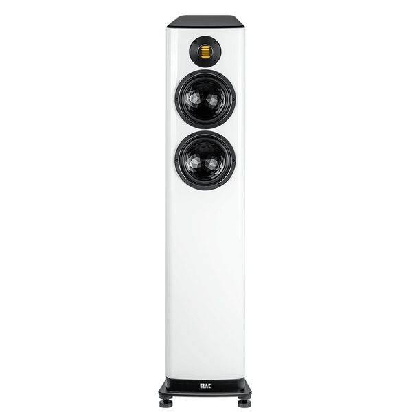 Der Elac Vela FS 408.2 Standlautsprecher Stück in Weiß Hochglanz hat ein rechteckiges Design mit zwei großen schwarzen Lautsprechermembranen und einem kompakten gelben JET 6-Hochtöner in der Nähe der Oberseite, alles auf einem schlanken schwarzen Sockel.
