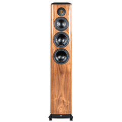Der Elac Vela FS 409.2 Standlautsprecher Stück in Nussbaum Hochglanz verfügt über ein hohes, rechteckiges Design mit vier runden Treibern und einem vertikal angeordneten Präzisions-JET-Hochtöner auf der Frontplatte.