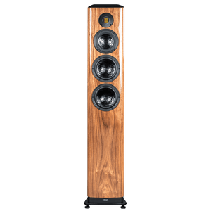 Der Elac Vela FS 409.2 Standlautsprecher Stück in Nussbaum Hochglanz verfügt über ein hohes, rechteckiges Design mit vier runden Treibern und einem vertikal angeordneten Präzisions-JET-Hochtöner auf der Frontplatte.
