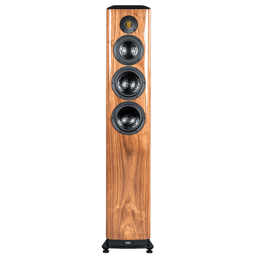 Der Elac Vela FS 409.2 Standlautsprecher Stück in Nussbaum Hochglanz verfügt über ein hohes, rechteckiges Design mit vier runden Treibern und einem vertikal angeordneten Präzisions-JET-Hochtöner auf der Frontplatte.