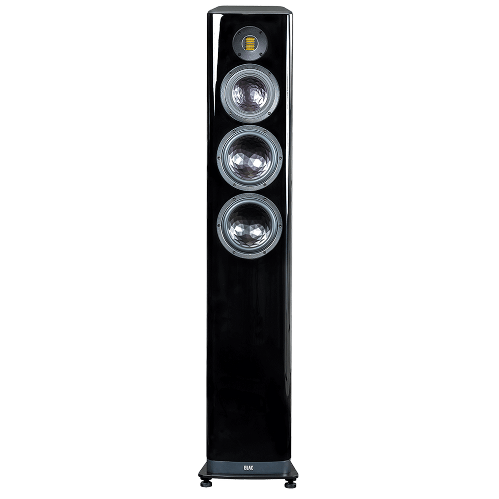 Der Elac Vela FS 409.2 Standlautsprecher Stück in Schwarz Hochglanz ist ein hoher, rechteckiger Lautsprecher mit drei großen silbernen Tieftönern, einem gelben JET-Hochtöner nahe der Oberseite und steht auf kleinen Füßen für Stabilität und Stil.