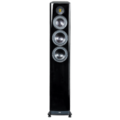 Der Elac Vela FS 409.2 Standlautsprecher Stück in Schwarz Hochglanz ist ein hoher, rechteckiger Lautsprecher mit drei großen silbernen Tieftönern, einem gelben JET-Hochtöner nahe der Oberseite und steht auf kleinen Füßen für Stabilität und Stil.