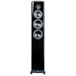 Der Elac Vela FS 409.2 Standlautsprecher Stück in Schwarz Hochglanz ist ein hoher, rechteckiger Lautsprecher mit drei großen silbernen Tieftönern, einem gelben JET-Hochtöner nahe der Oberseite und steht auf kleinen Füßen für Stabilität und Stil.