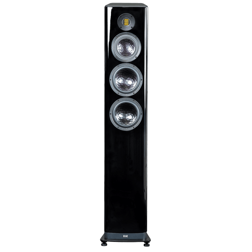 Der Elac Vela FS 409.2 Standlautsprecher Stück in Schwarz Hochglanz ist ein hoher, rechteckiger Lautsprecher mit drei großen silbernen Tieftönern, einem gelben JET-Hochtöner nahe der Oberseite und steht auf kleinen Füßen für Stabilität und Stil.