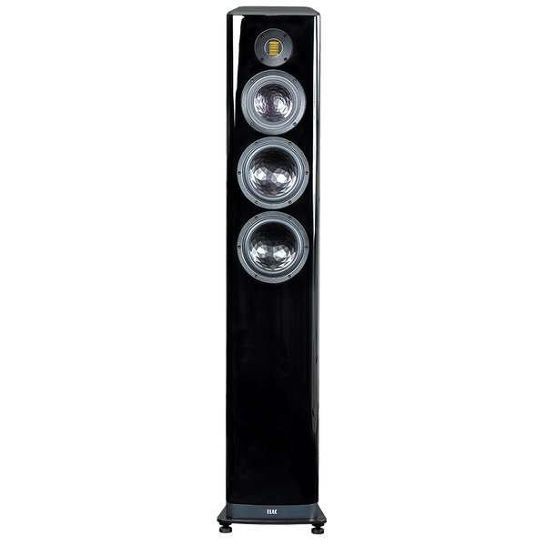 Der Elac Vela FS 409.2 Standlautsprecher Stück in Schwarz Hochglanz ist ein hoher, rechteckiger Lautsprecher mit drei großen silbernen Tieftönern, einem gelben JET-Hochtöner nahe der Oberseite und steht auf kleinen Füßen für Stabilität und Stil.