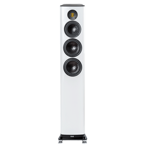 Der Elac Vela FS 409.2 Standlautsprecher Stück in Weiß Hochglanz verfügt über drei schwarze runde Treiber und einen JET-Hochtöner auf der Oberseite, die alle auf einem schlanken schwarzen Sockel montiert sind.