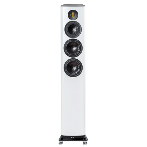 Der Elac Vela FS 409.2 Standlautsprecher Stück in Weiß Hochglanz verfügt über drei schwarze runde Treiber und einen JET-Hochtöner auf der Oberseite, die alle auf einem schlanken schwarzen Sockel montiert sind.