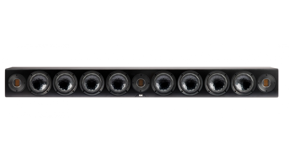 Die Elac Vertex III SB-VJ41L Passiv Soundbar in Schwarz Seidenmatt zeigt neun runde Lautsprechertreiber, darunter Crystal Cone Tieftöner und JET AMT-Technologie, vor einem schlichten Hintergrund.