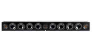 Die Elac Vertex III SB-VJ41L Passiv Soundbar in Schwarz Seidenmatt zeigt neun runde Lautsprechertreiber, darunter Crystal Cone Tieftöner und JET AMT-Technologie, vor einem schlichten Hintergrund.