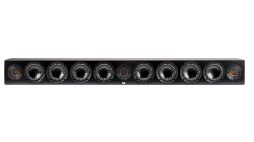 Die Elac Vertex III SB-VJ41L Passiv Soundbar in Schwarz Seidenmatt zeigt neun runde Lautsprechertreiber, darunter Crystal Cone Tieftöner und JET AMT-Technologie, vor einem schlichten Hintergrund.