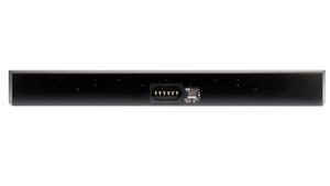Rückansicht der Elac Vertex III SB-VJ41L Passiv Soundbar in Schwarz, mit Montagelöchern und einem zentralen Panel mit Eingangsanschlüssen, Produktlabel und fortschrittlichen Features wie JET AMT-Technologie und Crystal Cone Tieftöner.