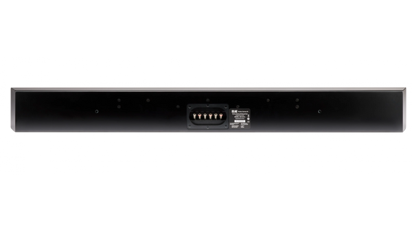 Rückansicht der Elac Vertex III SB-VJ41L Passiv Soundbar in Schwarz, mit Montagelöchern und einem zentralen Panel mit Eingangsanschlüssen, Produktlabel und fortschrittlichen Features wie JET AMT-Technologie und Crystal Cone Tieftöner.