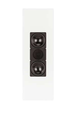 Der Elac WS 1465 On Wand-Lautsprecher Stück in Weiß Seidenmatt verfügt über drei schwarze runde Lautsprecher in einem schlanken vertikalen Rahmen. Sein minimalistisches, modernes Design passt zu jedem Raum und bietet gleichzeitig eine beeindruckende Klangqualität.