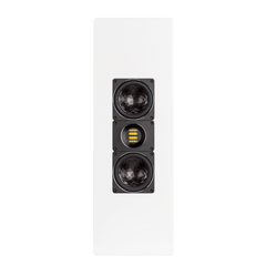 Der weiße rechteckige Elac WS 1665 On Wall-Lautsprecher Stück verfügt über zwei schwarze runde Treiber und einen zentralen rechteckigen Hochtöner mit horizontalen goldenen Akzenten und bietet audiophile Klangqualität für anspruchsvolle Hörer.