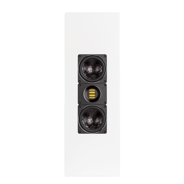 Der weiße rechteckige Elac WS 1665 On Wall-Lautsprecher Stück verfügt über zwei schwarze runde Treiber und einen zentralen rechteckigen Hochtöner mit horizontalen goldenen Akzenten und bietet audiophile Klangqualität für anspruchsvolle Hörer.