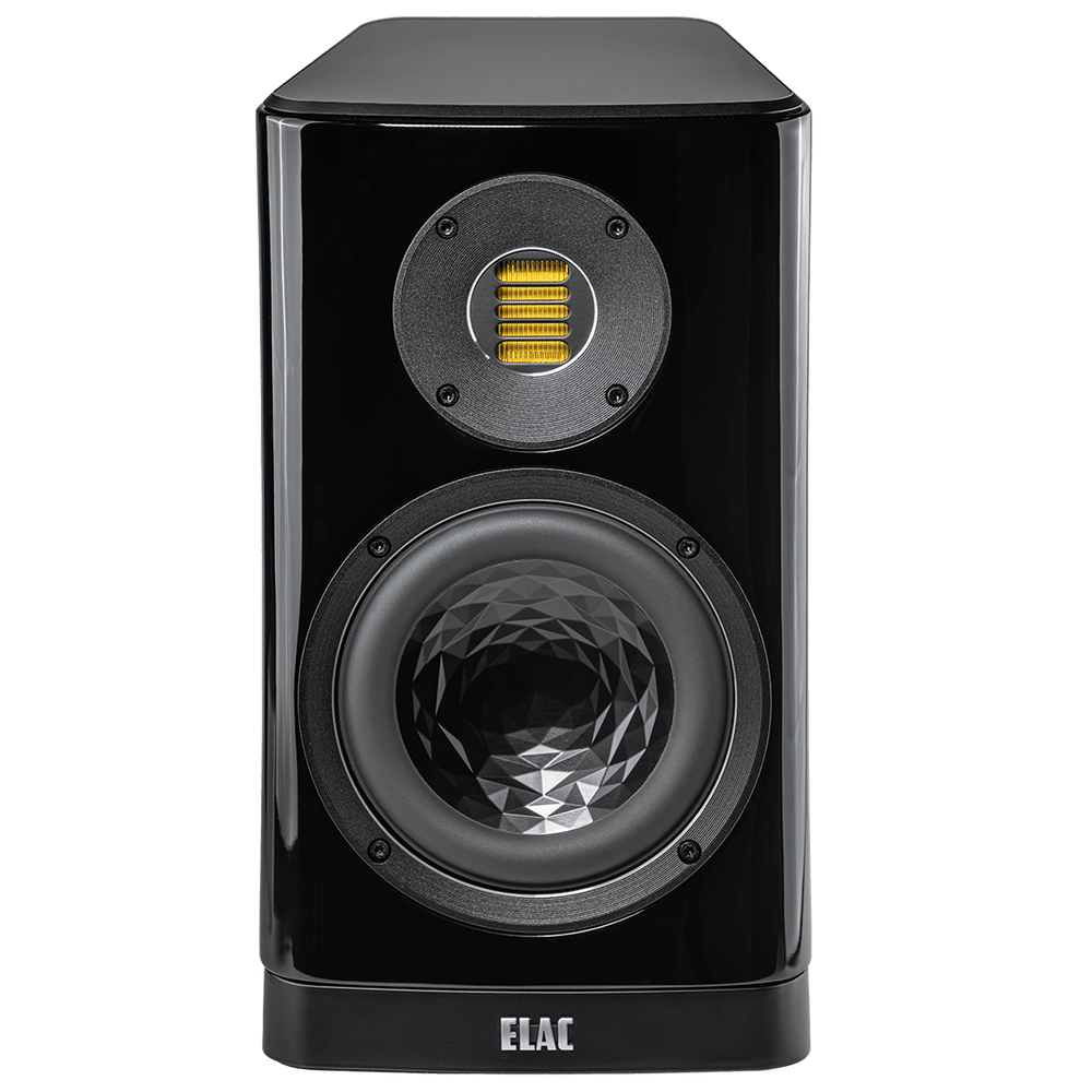 Der Elac Vela BS 403.2 Regallautsprecher Stück in Schwarz Hochglanz hat einen strukturierten Tieftöner und einen rechteckigen gelben JET 6 Hochtöner darüber, alles in der Frontansicht.