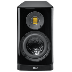 Der Elac Vela BS 403.2 Regallautsprecher Stück in Schwarz Hochglanz hat einen strukturierten Tieftöner und einen rechteckigen gelben JET 6 Hochtöner darüber, alles in der Frontansicht.