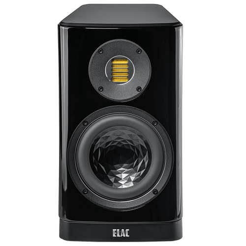 Der Elac Vela BS 403.2 Regallautsprecher Stück in Schwarz Hochglanz hat einen strukturierten Tieftöner und einen rechteckigen gelben JET 6 Hochtöner darüber, alles in der Frontansicht.