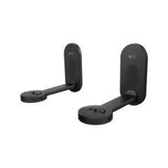Ein Paar KEF B1 Wandhalterung in Schwarz mit runden Sockeln und verlängerten Armen, konzipiert für die Wandmontage von LSX II Lautsprechern. Verfügt über das KEF-Logo auf Rückplatten und integriertes Kabelmanagement.