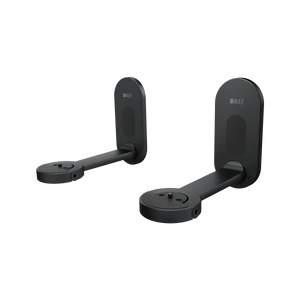 Ein Paar KEF B1 Wandhalterung in Schwarz mit runden Sockeln und verlängerten Armen, konzipiert für die Wandmontage von LSX II Lautsprechern. Verfügt über das KEF-Logo auf Rückplatten und integriertes Kabelmanagement.