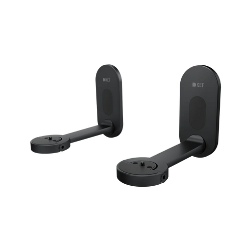 Ein Paar KEF B1 Wandhalterung in Schwarz mit runden Sockeln und verlängerten Armen, konzipiert für die Wandmontage von LSX II Lautsprechern. Verfügt über das KEF-Logo auf Rückplatten und integriertes Kabelmanagement.