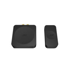Zwei schwarze, rechteckige KEF KW1 TX/RX System Wireless Subwoofer Adapter Kits mit abgerundeten Ecken nebeneinander auf weißem Hintergrund - ideal für drahtlose Audioübertragung mit einem Kube-Subwoofer.