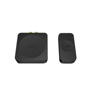 Zwei schwarze, rechteckige KEF KW1 TX/RX System Wireless Subwoofer Adapter Kits mit abgerundeten Ecken nebeneinander auf weißem Hintergrund - ideal für drahtlose Audioübertragung mit einem Kube-Subwoofer.