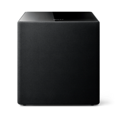 Der KEF Kube 15 MIE ist ein schwarzer, rechteckiger aktiver Subwoofer mit Stoffbezug und glänzender Oberseite, der über fortschrittliche Music Integrity Engine-Technologie verfügt - frontal vor neutralem Hintergrund gezeigt.