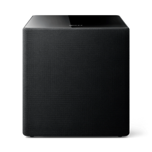 Der KEF Kube 15 MIE ist ein schwarzer, rechteckiger aktiver Subwoofer mit Stoffbezug und glänzender Oberseite, der über fortschrittliche Music Integrity Engine-Technologie verfügt - frontal vor neutralem Hintergrund gezeigt.