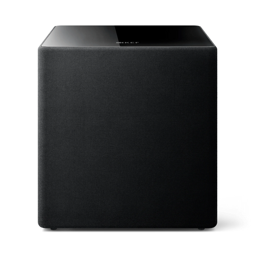Der KEF Kube 15 MIE ist ein schwarzer, rechteckiger aktiver Subwoofer mit Stoffbezug und glänzender Oberseite, der über fortschrittliche Music Integrity Engine-Technologie verfügt - frontal vor neutralem Hintergrund gezeigt.