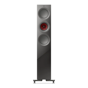Der KEF R7 Meta Standlautsprecher Paar ist ein hoher, rechteckiger Lautsprecher in elegantem Dunkelgrau mit drei kreisförmigen Treibern - darunter ein rot akzentuiertes zentrales Uni-Q®-Treibersystem -, der auf einem stabilen Sockel mit vier Füßen steht.