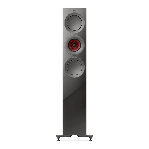 Der KEF R7 Meta Standlautsprecher Paar ist ein hoher, rechteckiger Lautsprecher in elegantem Dunkelgrau mit drei kreisförmigen Treibern - darunter ein rot akzentuiertes zentrales Uni-Q®-Treibersystem -, der auf einem stabilen Sockel mit vier Füßen steht.