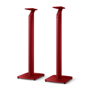 Zwei hohe, schlanke KEF S1 Standfuß-Paare in Crimson Red mit quadratischen Sockeln und flachen Oberteilen sind nebeneinander vor einem schlichten Hintergrund positioniert und eignen sich perfekt zur Unterstützung Ihres LSX II Wireless HiFi-Systems.