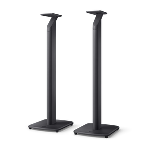 Ein Paar KEF S1 Standfuß-Lautsprecherständer in Schiefergrau mit rechteckigen Sockeln und Plattformen, die zum Tragen und Erhöhen von LSX II-Lautsprechern entwickelt wurden. Die modernen, minimalistischen Ständer sind identisch und perfekt für stilvolle Audio-Setups.