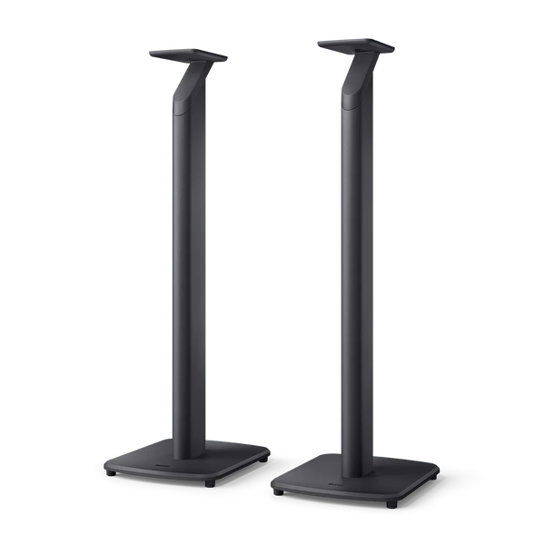 Ein Paar KEF S1 Standfuß-Lautsprecherständer in Schiefergrau mit rechteckigen Sockeln und Plattformen, die zum Tragen und Erhöhen von LSX II-Lautsprechern entwickelt wurden. Die modernen, minimalistischen Ständer sind identisch und perfekt für stilvolle Audio-Setups.