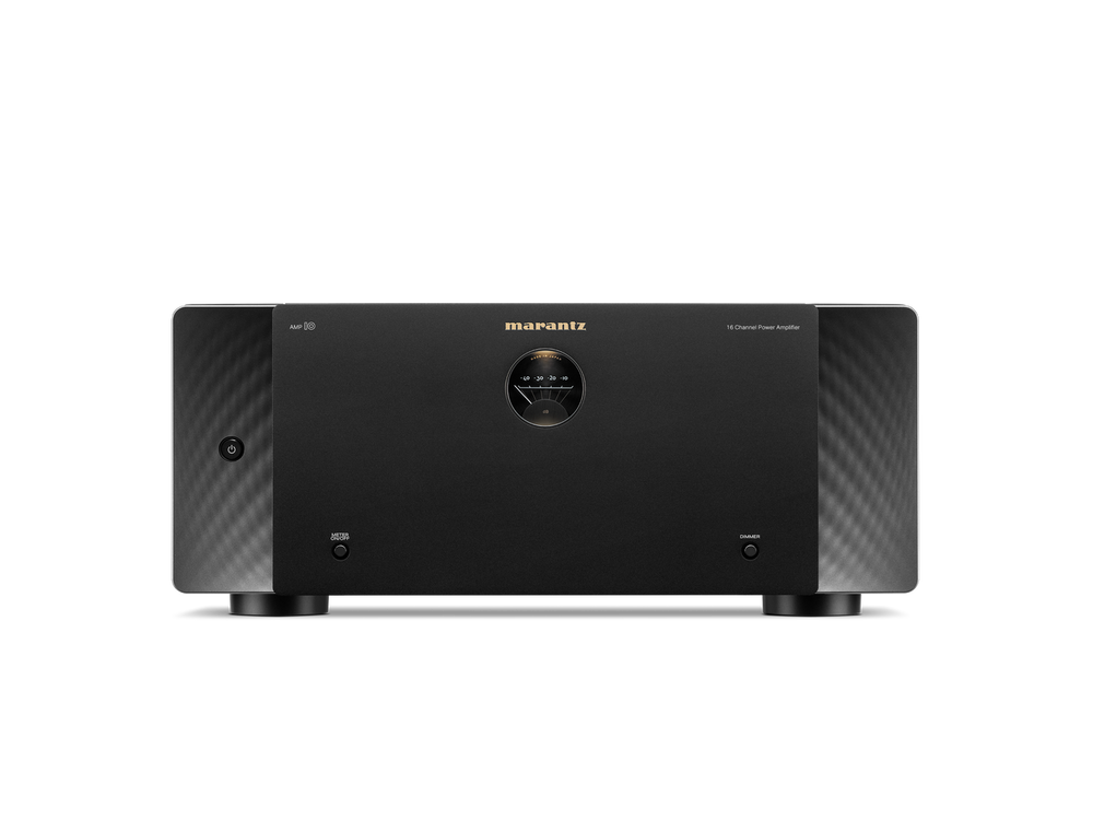 Frontansicht der Marantz AMP 10 AV-Endstufe in Schwarz mit zentralem, rundem Display, Marantz-Logo darüber und Ein/Aus-Tasten an beiden Seiten - ideal für ein erstklassiges Heimkinoerlebnis.