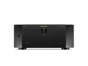 Frontansicht der Marantz AMP 10 AV-Endstufe in Schwarz mit zentralem, rundem Display, Marantz-Logo darüber und Ein/Aus-Tasten an beiden Seiten - ideal für ein erstklassiges Heimkinoerlebnis.