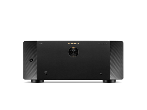 Frontansicht der Marantz AMP 10 AV-Endstufe in Schwarz mit zentralem, rundem Display, Marantz-Logo darüber und Ein/Aus-Tasten an beiden Seiten - ideal für ein erstklassiges Heimkinoerlebnis.