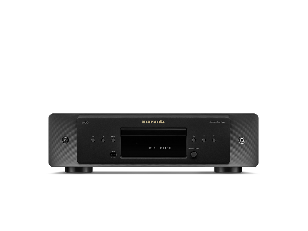 Frontansicht des Marantz CD 60 CD-Players in Schwarz mit HDAM-Schaltung für überragende Audioqualität, digitalem Display, Disc-Schublade, Bedientasten und einem USB-Anschluss unten links; Marantz-Logo mittig über dem Display.